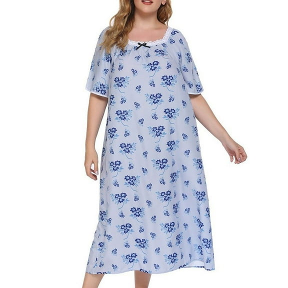 Womens Pajama Plus Size Sleepwear, Short Sleeve Comfy Nightshirt Print Floral Lace Collar Nightdress,Vintage Loungewear Pj Sleepshirt Pajama Dress for Women,Gray XL-4XL
