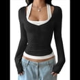 thumbnail image 3 of Camisetas Henley de Larga para Mujer, Blusa Básica Informal de Punto Acanalado con Botones y Corte Ajustado. Negro L, 3 of 7