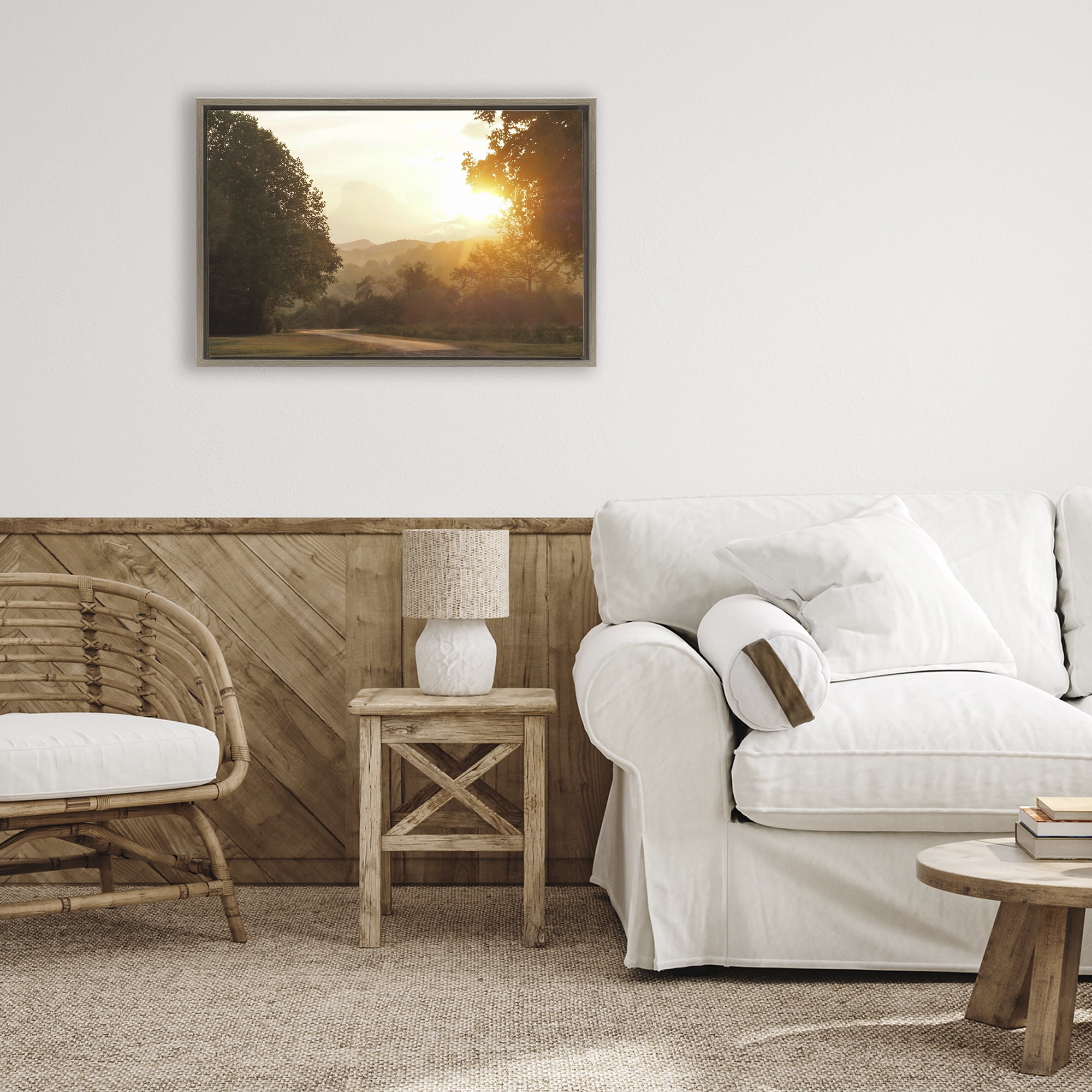 Stupell Industries Golden Morning Between Trees Brown Framed Floater Canvas Wall Art, design by Gail Peck