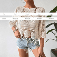 thumbnail image 3 of Boho Crochet Knit Fringe Hem Top, Women's 3/4 Sleeve Hollow Out Loose Fit Casual Poncho Blouse for Festival, Black One Size, 3 of 6