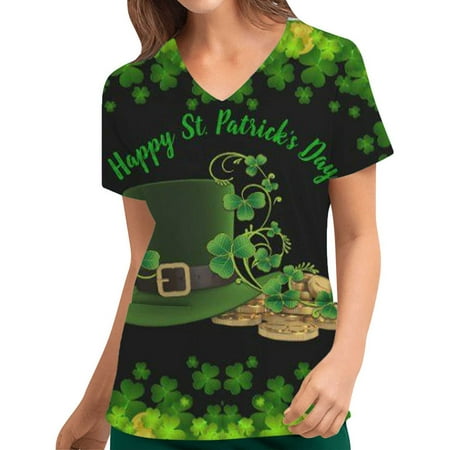 

MELDVDIB St.Patrick s Day Workwear Uniform T Shirt for Women Short Sleeve V-Neck Scrubs Top Tee with 2 Pockets