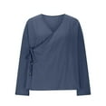 thumbnail image 5 of Aboser Oversized Kimono Tops for Women Lightweight Cotton Linen Shirts Casual Side Tie Blouses Loose V Neck Kimonos Breathable Soft Blouse Blue M, 5 of 9