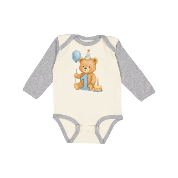Inktastic First Birthday Cute Teddy Bear with Balloon Boys or Girls Long Sleeve Baby Bodysuit