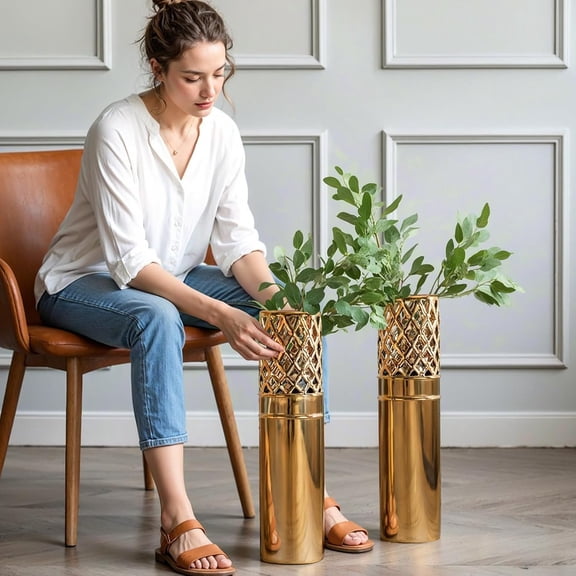 Modern Gold Tall Floor Vase Set of 2, 19.6 inch Reticulated Decorative Ceramic Vase for Living Room, Large Gold Vase for Home Decoration Indoor Office Balcony