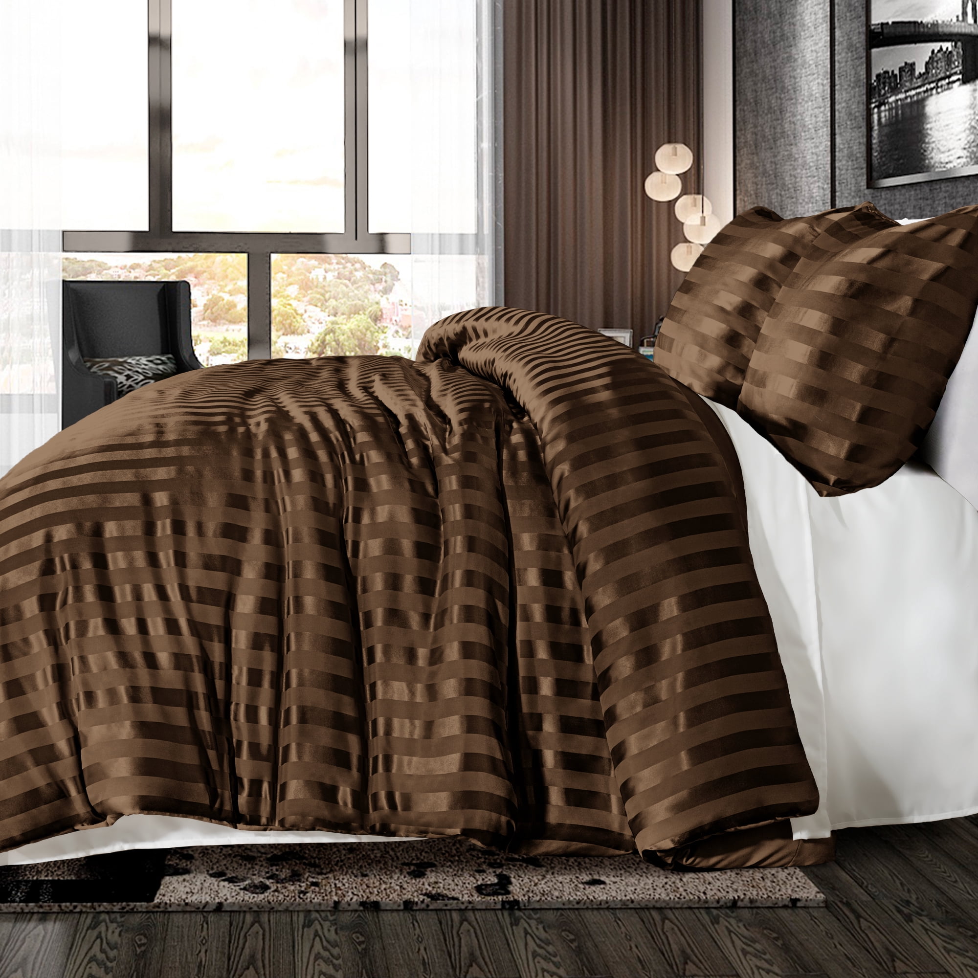 Whale Flotilla 3-Piece Luxury Stripe Satin Queen Size Comforter Set, Reversible Silky Soft Bedding Set with 2 Pillowcases, Lightweight All-Season Comforter, Brown