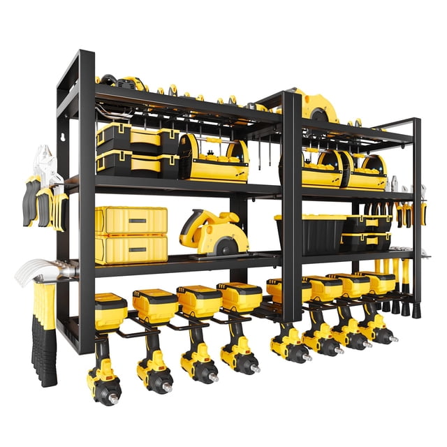Aunulahca Power Tool Organizer, 8 Drill Holder Wall Mount, 4 Layers Tool Storage Rack Shelf with Hooks, Heavy Duty Metal Cordless