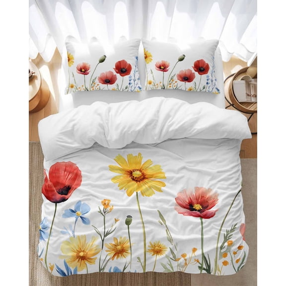Pastoral Wild Flowers Bedding Duvet Cover Set Twin Size 4 Pieces Plants Floral Leaves Farmhouse Bedding Set with Zipper Closure, 1 Comforter Cover 68x86 Inches 1 Flat Sheet & 2 Pillow Cases