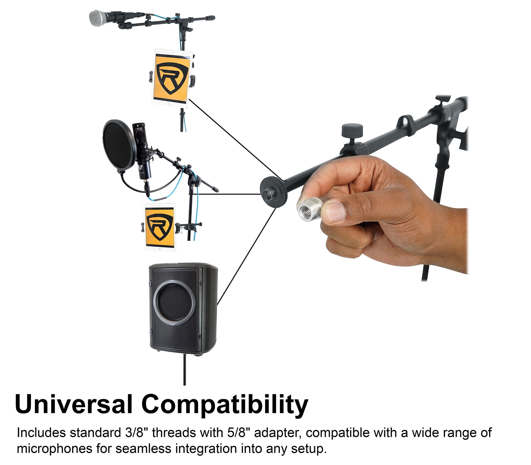 Rockville RVMIC5 V2 Pro Audio Tripod Microphone Mic Stand w/Boom+iPad Holder+Bag