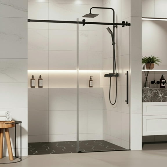 Frameless Sliding Shower Glass Door 56-60"W×72"H, 8mm SGCC Tempered Glass Waterproof Door with Black Stainless Steel Hardware