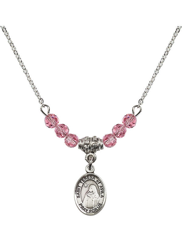Bonyak Jewelry 18 Inch Rhodium Plated Necklace w/ 4mm Light Rose Pink October Birth Month Stone Beads and Saint Teresa of Avila Charm
