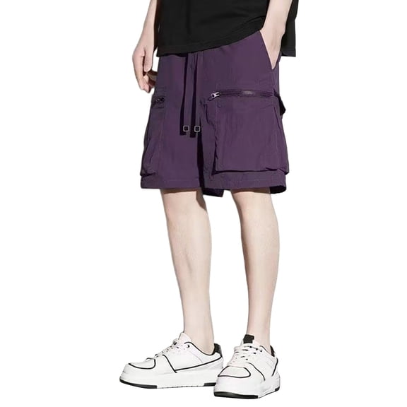 Domuza Men's Casual Shorts Solid Color Fashion Zippers Cargo Shorts Elastic Waist Sports Loose Knee Length Purple 3XL