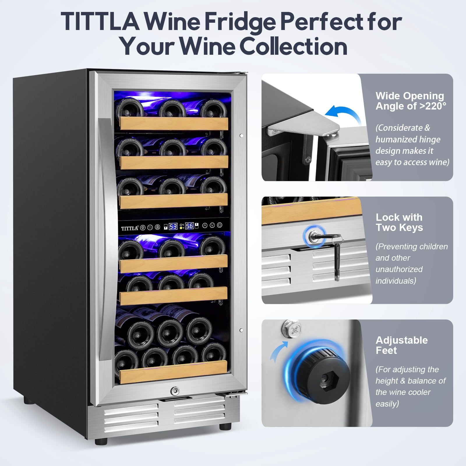 Tittla 15 Inch Wine Refrigerator,Under Counter 30 Bottle Wine Cooler,Dual Zone Fast Cooling, Low Noise