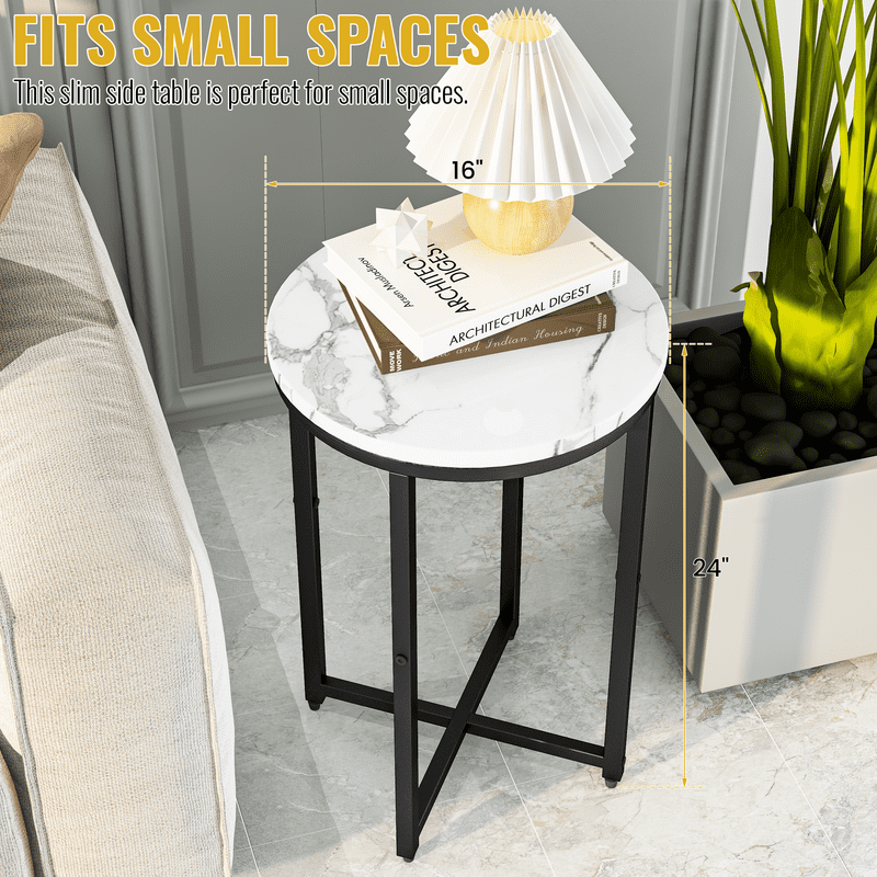 Baxluxe Marble Side Table Set of 2, Faux Marble Round End Table with Metal Base, Small Living Room Coffee Table Nightstand Bedside Table, Modern End Table Set for Living Room, Bedroom, Black