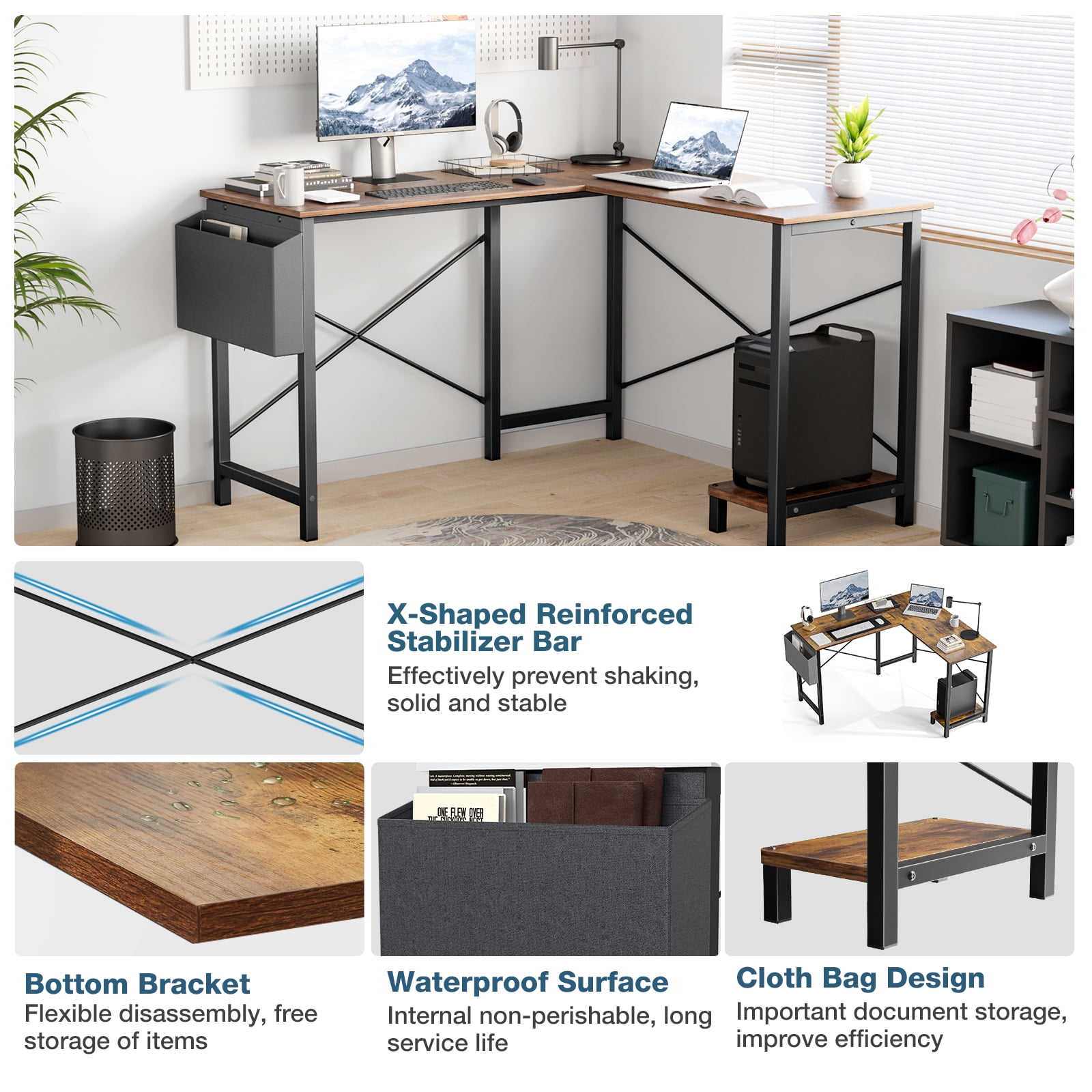 MAYEERTY 50in L Shaped Computer Desk, Wooden Writing Study Table for Home Office with CPU Storage Shelf & Side Bag