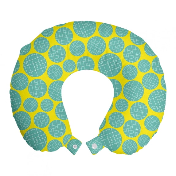 Geometric Travel Pillow Neck Rest, Contemporary Artwork Pattern with Squared Ornamental Modern Rounds Print, Memory Foam Traveling Accessory Airplane and Car, 12", Yellow and Seafoam, by Ambesonne