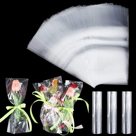 PH 200 pcs 9x4 Inch Clear Top Open Long Flat Plastic Candy Gift Treat Bags for Small Homemade Arts Party Favor Bags Christmas Wedding Birthday 1.3 Mil Clear
