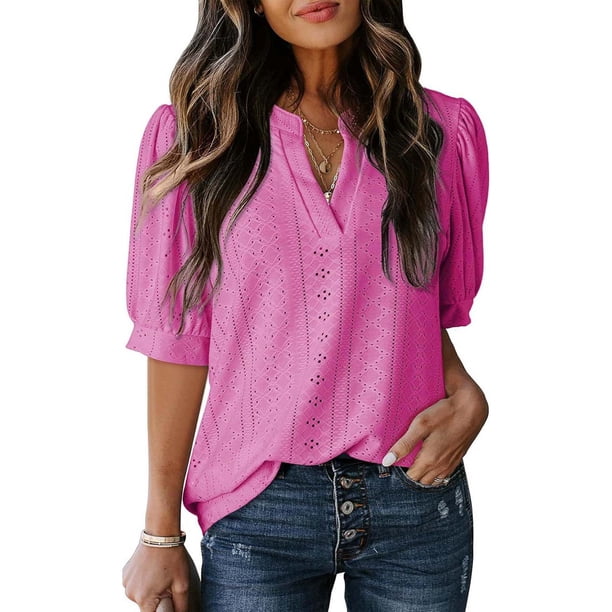 Mujeres de Manga Corta Tops Cuello en V de la Manga de la Moda Hueca Delgada Casual Top Color Sólido para Primavera Verano