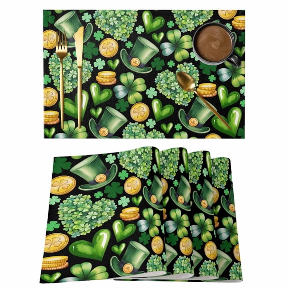St. Patrick's Day Placemats Set of 6, Spring Shamrocks Green Love Hats Plants Black Placemats for Dining Table, Place Mats for Kitchen Tabletop, Waterproof Wipeable Dining Table Mats Set
