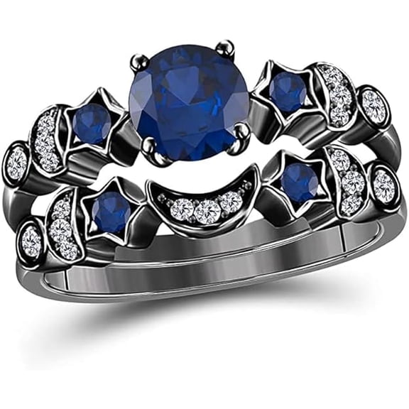 Divine_creation 14K Black Gold Plated 2.28 Ct Round Cut Blue Sapphire Wedding Engagement Thanksgiving Christmas Bridal Ring Set 925 Sterling Silver For Women's -5.5