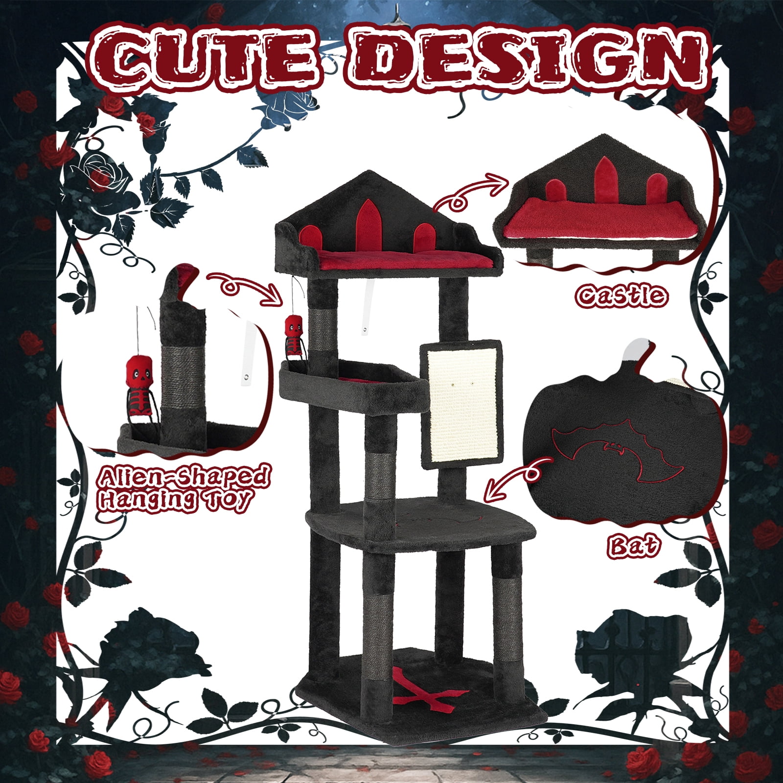 49in Gothic Cat Tree with Royal Throne Bed & Coffin-Shaped Perch, Black-Red Gothic Cat Tower with Scratching Posts & Alien Hanging Toy, Durable Sisal Scratching Posts