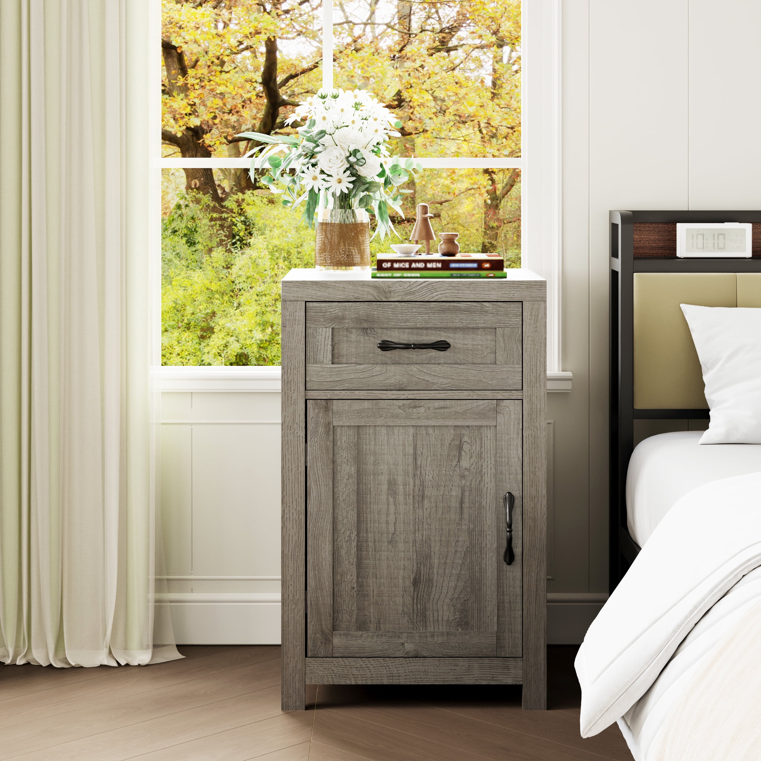 YouTrend Farmhouse End Table with Drawer and Storage Cabinet for Living Room,Rustic Adult Nightstand for Bedroom,Gray