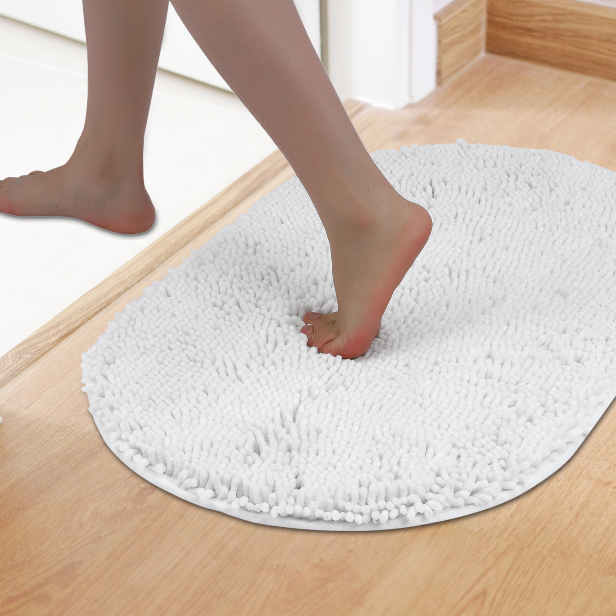 Unique Bargains Oval Plush Bath Mat Soft Non Slip Washable Rug White 20" x 32"