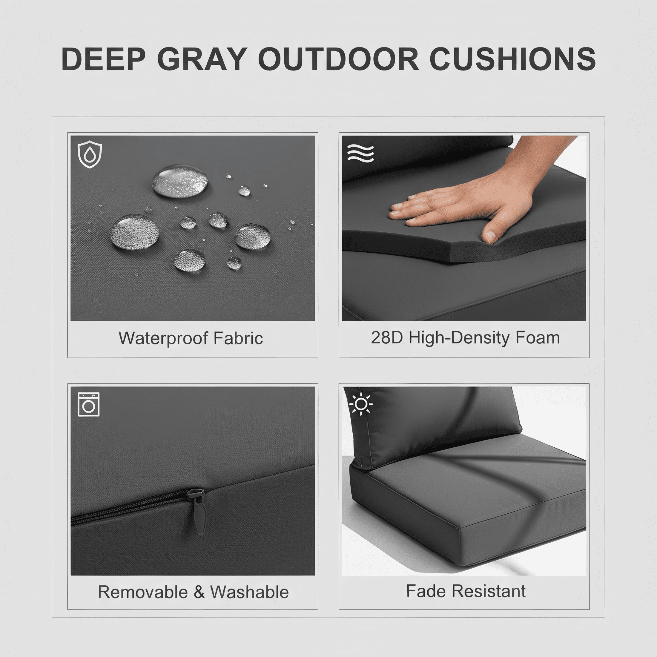 Naturoasis Outdoor Seat Cushion Set 24 x 24×4.7 Inch, Waterproof & Fade Resistant Seat and Back Cushion with Removable Cover,Thick Deep Seating Pads for Outside Chair Sofa Couch,Dark Grey