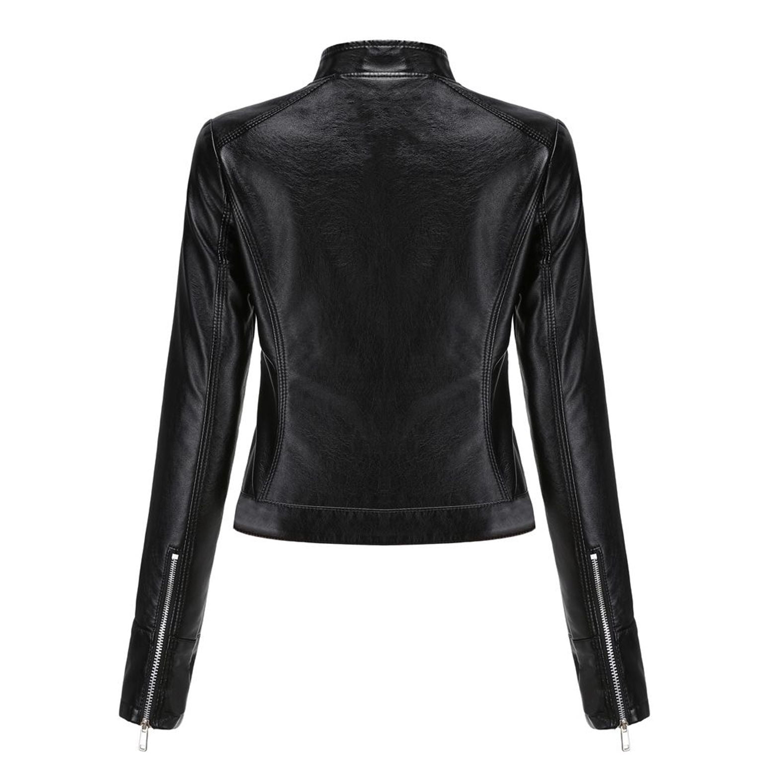 Defitshape Women's Faux Leather Jacket Winter Fashion Crop Moto Jackets & Coats Long Sleeve Fall Top Mock Neck Zipper Pocket Full Zip Short Jacket Black Small