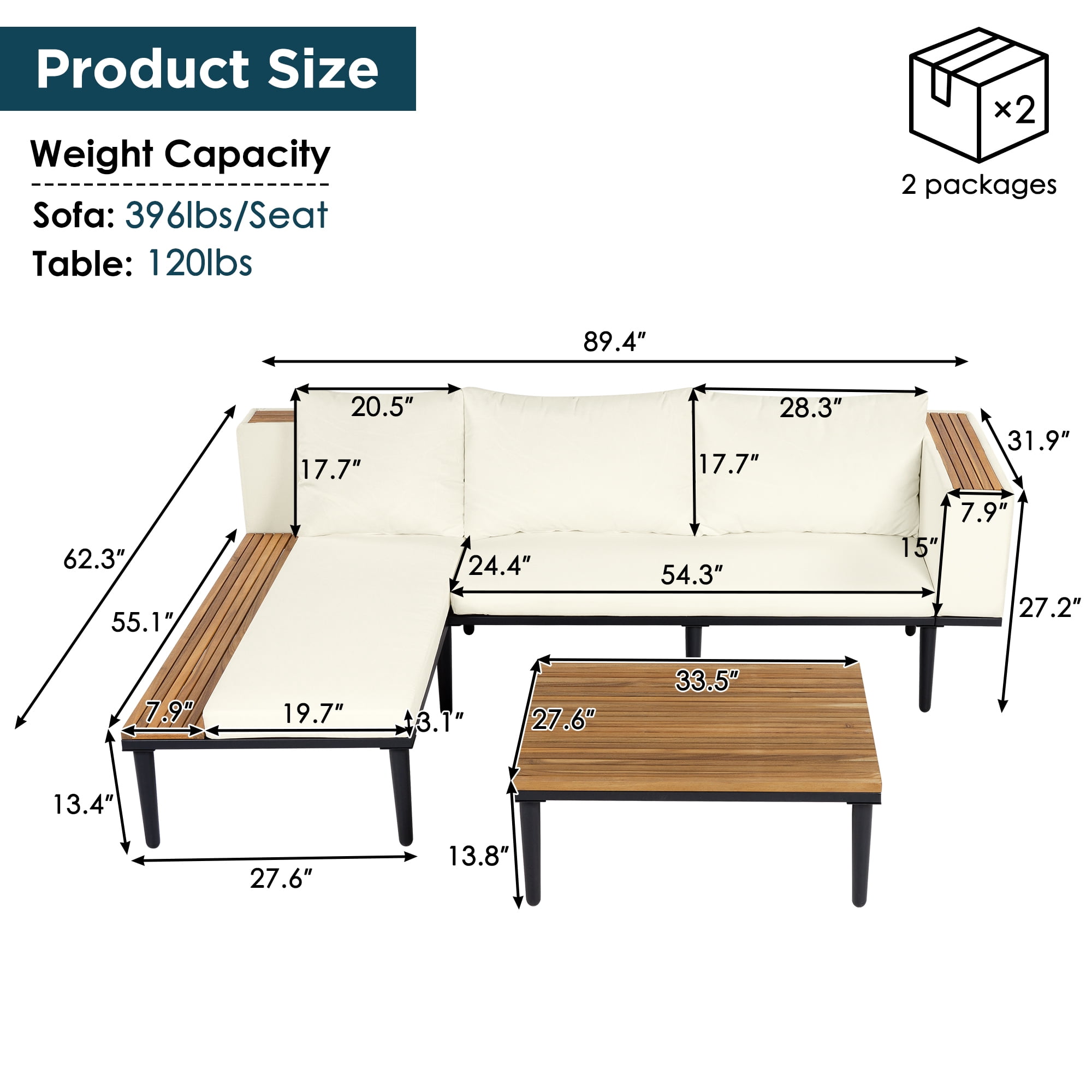 Acacia Wood L-Shaped Outdoor Sectional Sofa, Patio Conversation Set with Removable Cushions, Coffee & Side Table for Porch Backyard