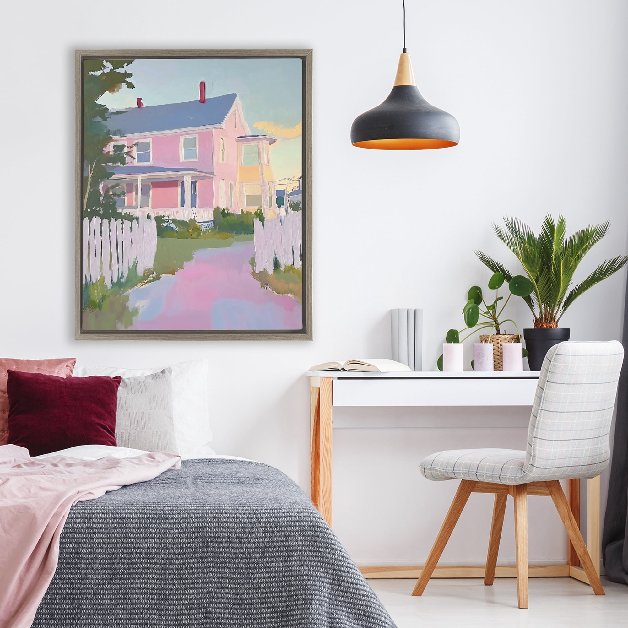 Stupell Industries Pastel Pink House with Fence Brown Framed Floater Canvas Wall Art, design by The Prints Vibe