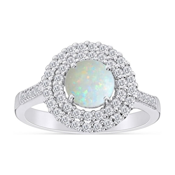 Round Cut Lab Created Opal And Simulated White Sapphire Double Frame Halo Engagement Ring In 14k White Gold Over Sterling Silver Ring Size-9