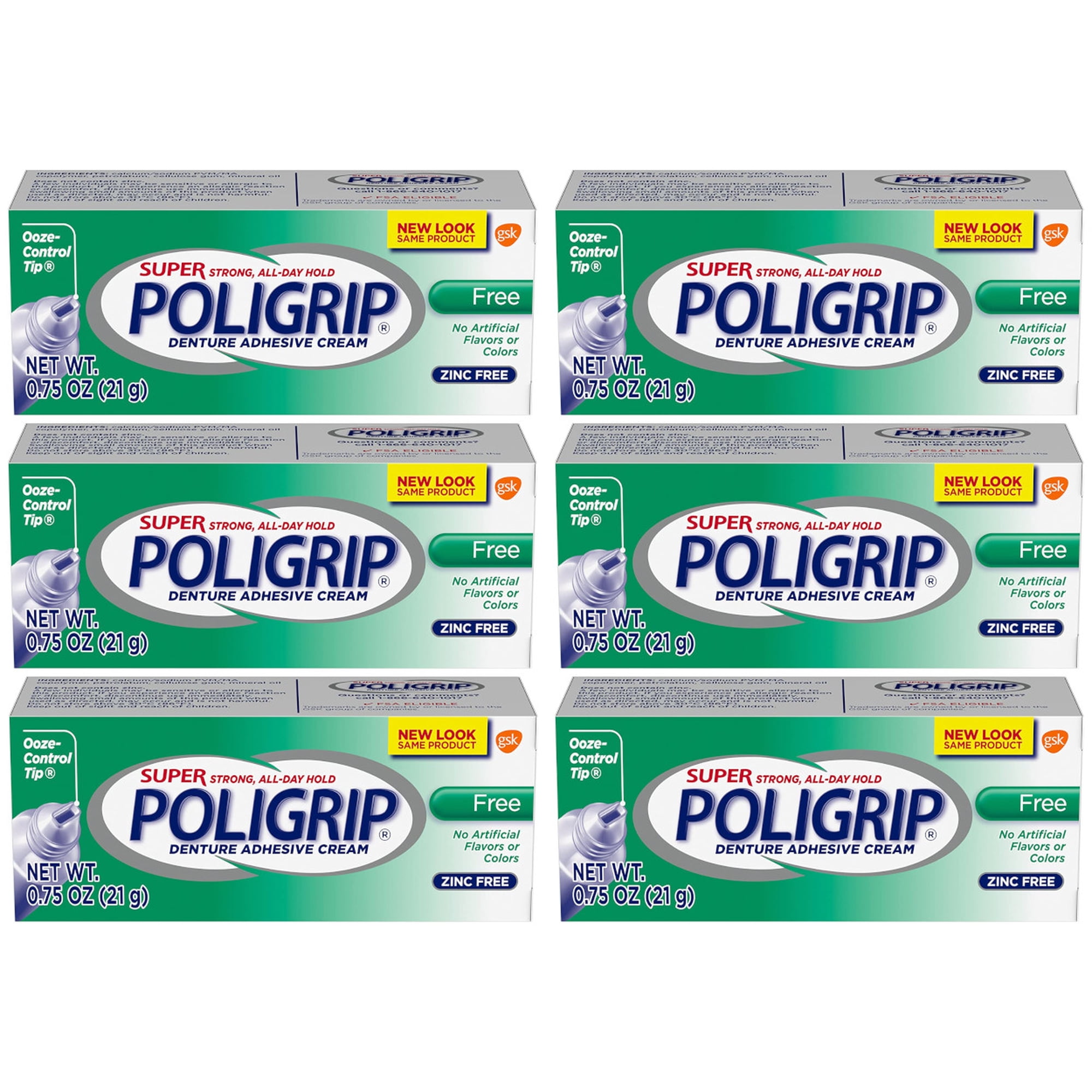 SUPER POLIGRIP Denture Adhesive Cream Artificial Flavor/Color Free 0.75 oz (Pack of 6)
