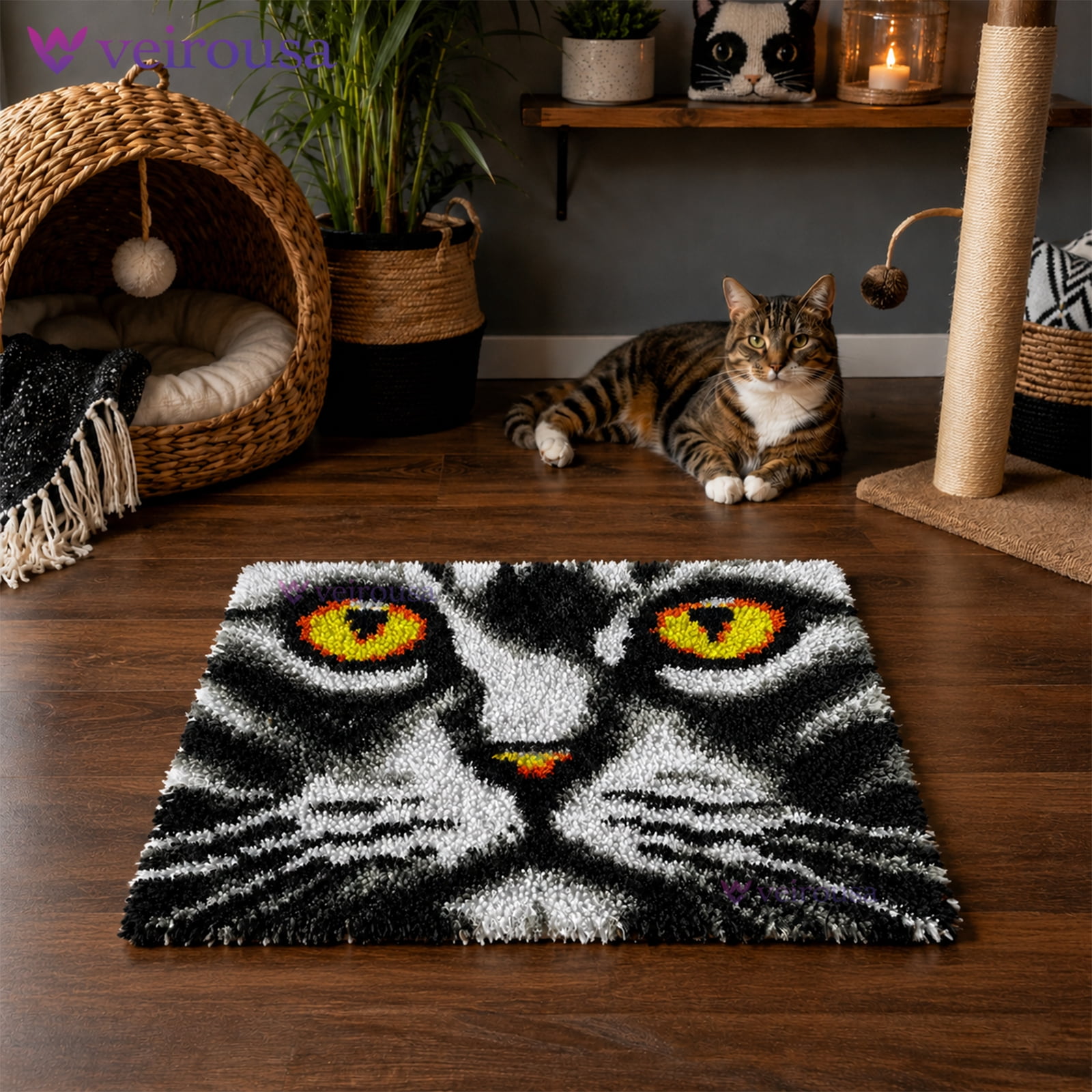 Cat Face Latch Hook Rug Kits for Adults Beginners Carpet Making Set for Home Sofa Decoration 17x17 Inch