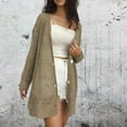 thumbnail image 4 of WRKEKC Openwork V Neck Kimono Cardigan Long Sleeve Mid-Length Button Down Cover Up Blouse for Women Spring Fall Lounge Wear Khaki M, 4 of 5