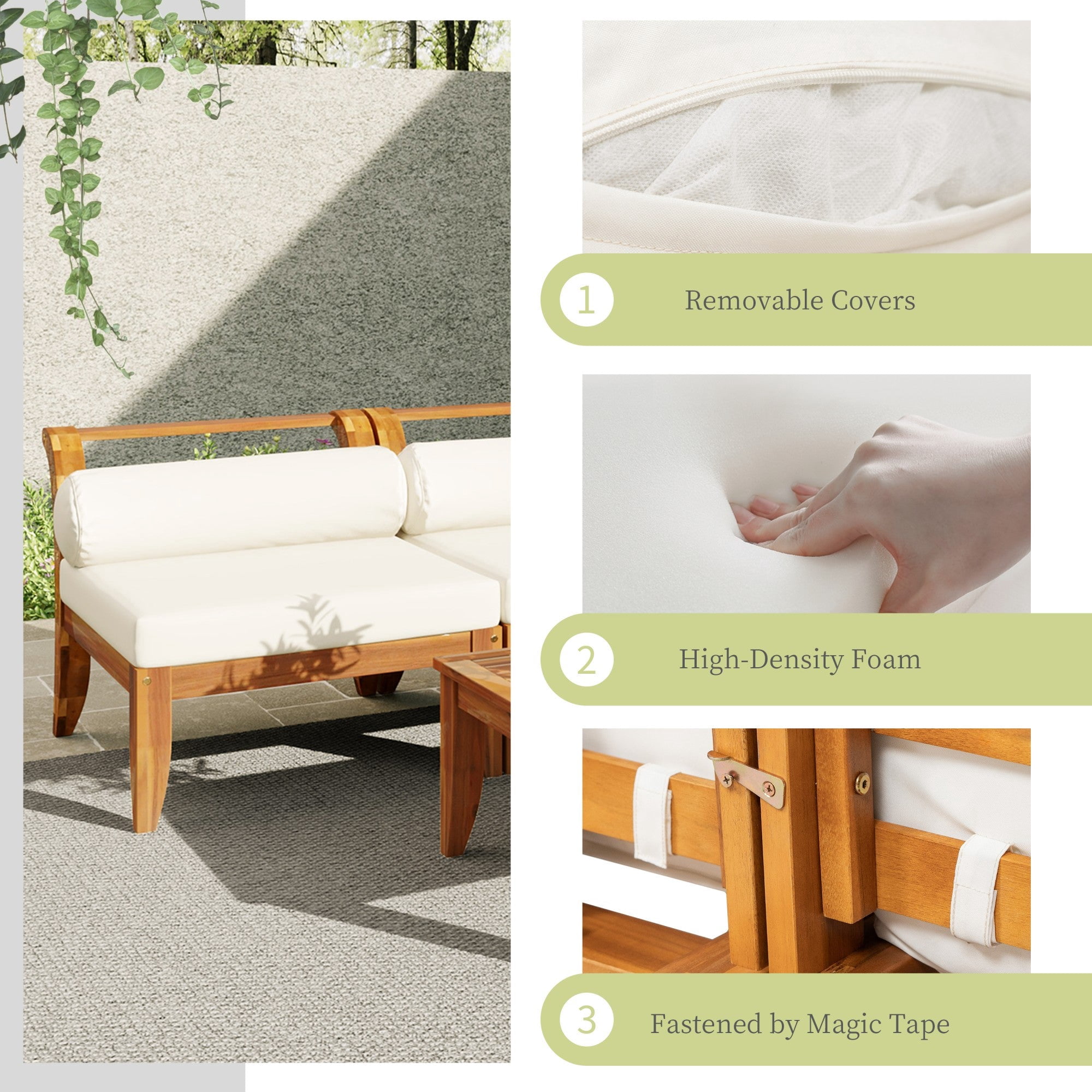 Sailvan 6pc Outdoor Patio Sectional Furniture Set,Acacia Wood L-Shaped Conversation Sofa with Ottoman & Tea Table,Weather Resistant,Teak/Beige
