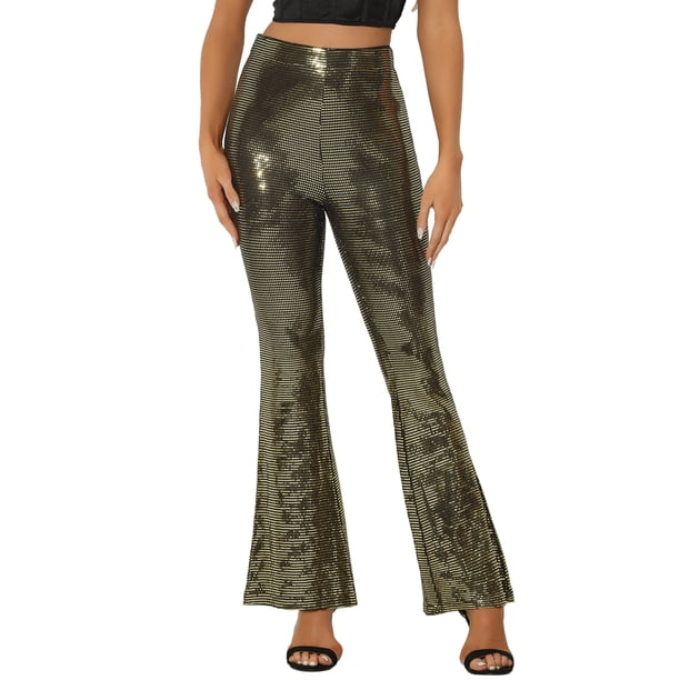 Pantalones de campana brillantes con lentejuelas y brillo para mujer INSPIRE CHIC, talla XL, color dorado