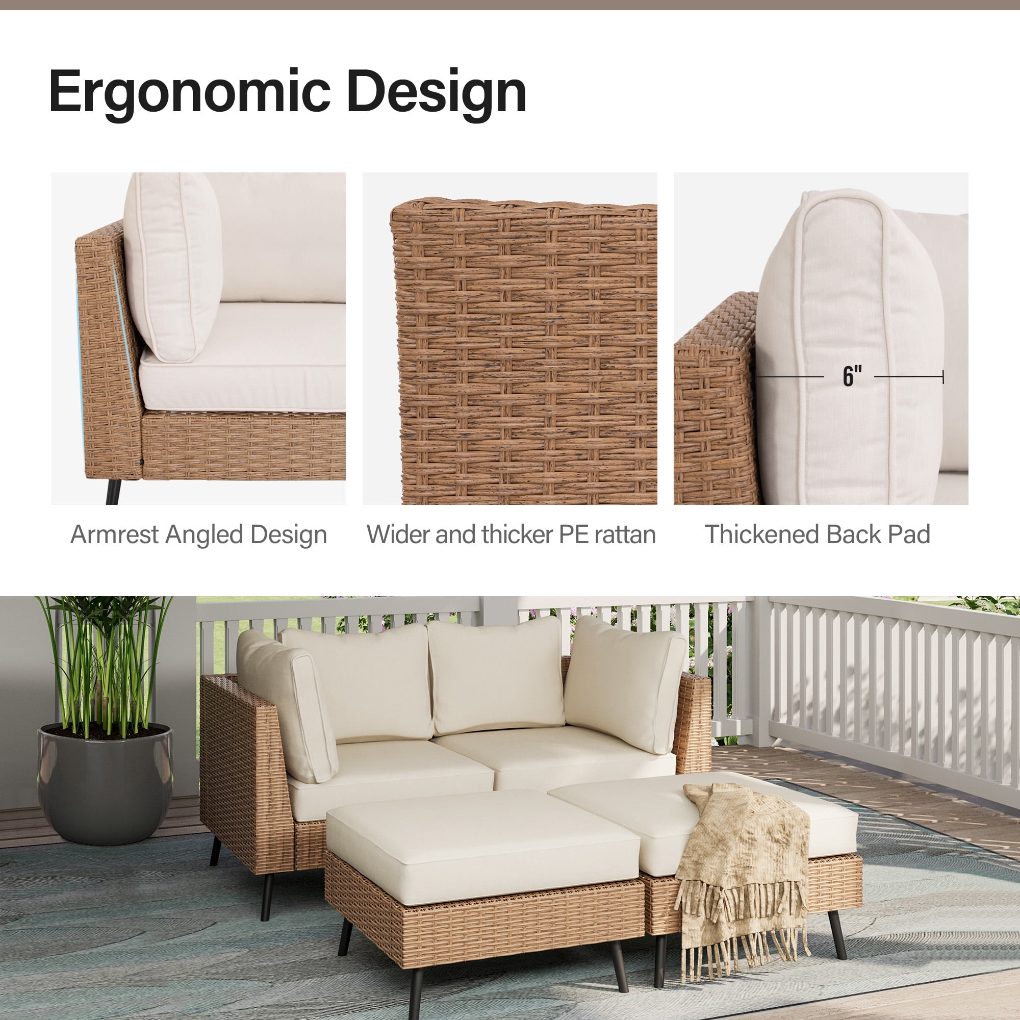 LAUSAINT HOME 4 Pieces Outdoor Furniture Set, Patio Rattan Wicker Sectionals with 2 Chairs and 2 Ottomans, Beige Cushions