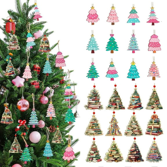 AYktou 12 Pcs Colorful Christmas Trees, Wooden Christmas Tree Shape Pendant Warm Color Bookpile Christmas Tree Cream Christmas Tree Hanging Ornaments for Home Window Wall Christmas Tree Decoration