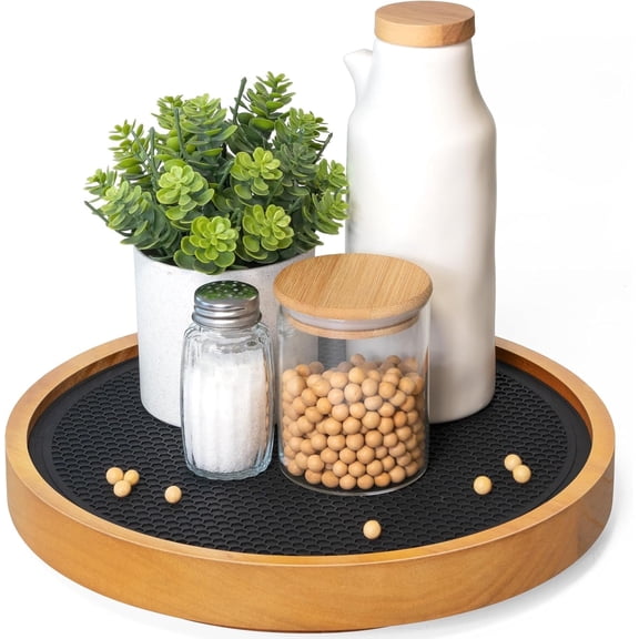 EOSAHR Non-Skid Wood Lazy Susan Organizer Turntable with Rubber Mat – 10.5" Lazy Susan Turntable for Cabinet, Table Top, Pantry & Kitchen Sink - Effortless Bathroom Vanity Tray (Light Brown)