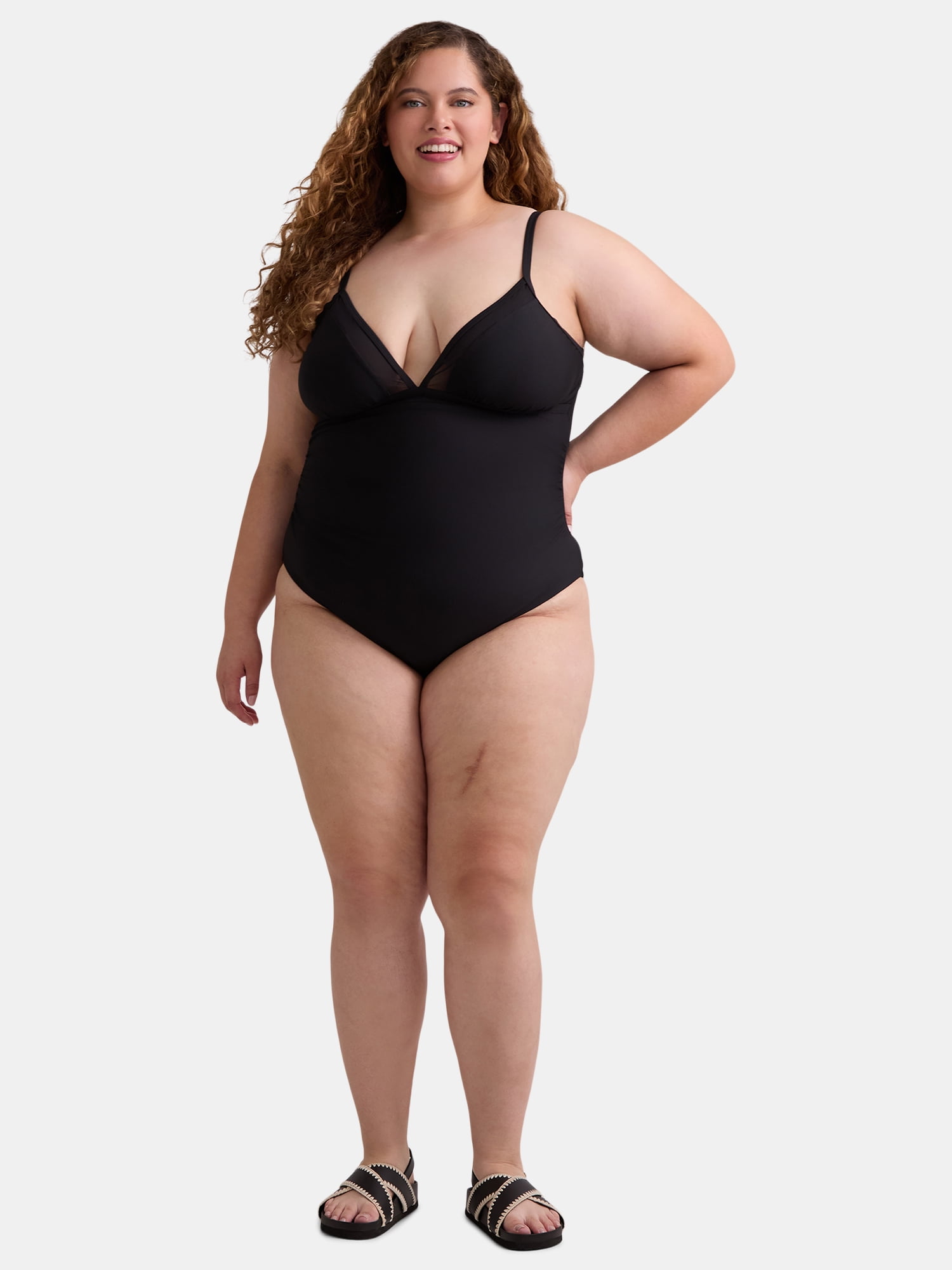 Time and Tru Women’s and Women’s Plus Mesh Inset One Piece Swimsuit, Sizes XS-3X