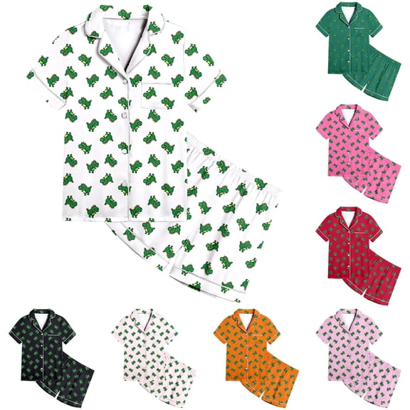 REDARER Boys Girls Dinosaur 2 Piece Satin Pajamas Short Sleeve Button Up Shorts Casual Sleepwear Set,8-9 Years