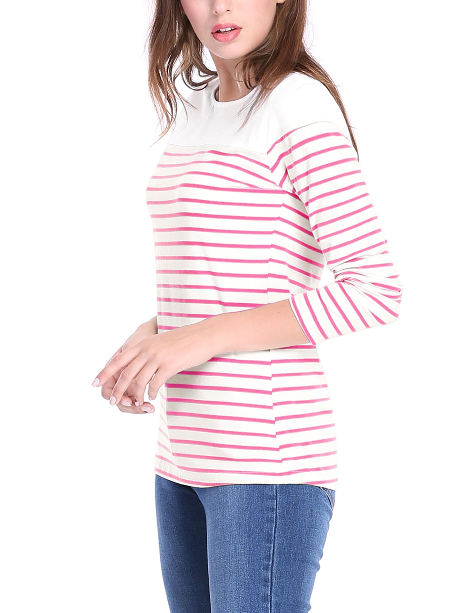DARING DIVA Women's Color Block Striped Knit Top Long Sleeves T-Shirt S Light Pink