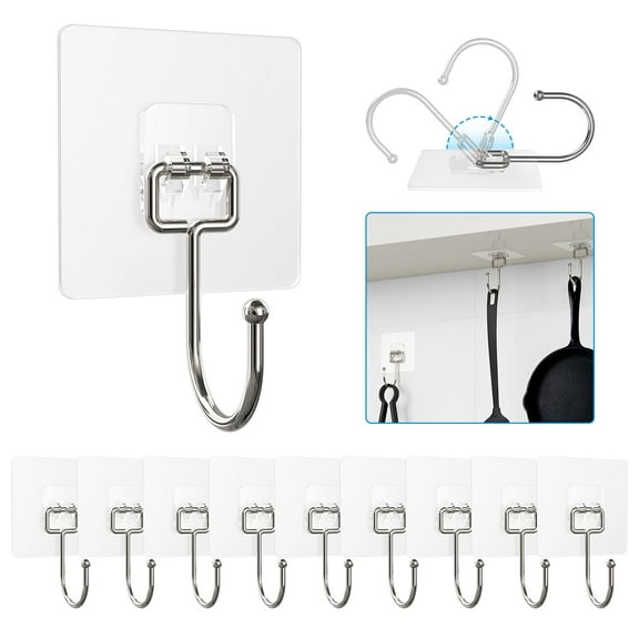 Adhesive Hooks for Hanging Heavy Duty Wall Hooks 22 lbs Self Adhesive Towel Hook Waterproof Transparent S Hooks for Keys Bathroom Shower Outdoor Kitchen Door Home Improvement Sticky Hook 10 Pack