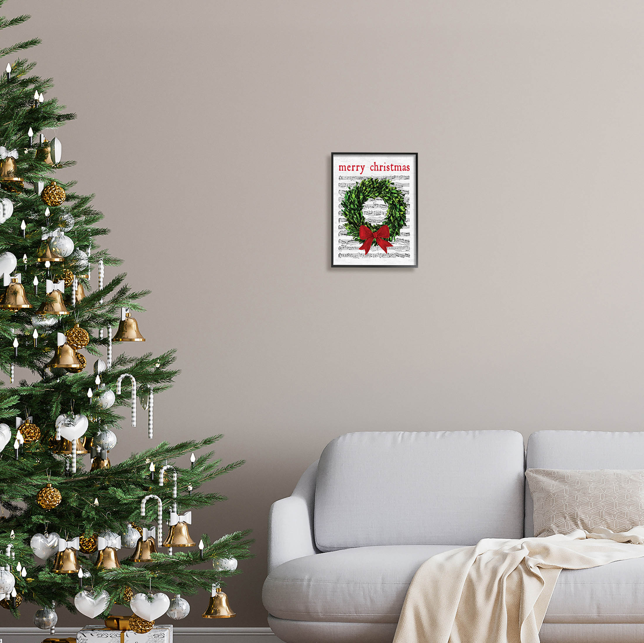 Stupell Industries Merry Christmas Song Wreath Graphic Art Black Framed Art Print Wall Art, Design by Lettered and Lined
