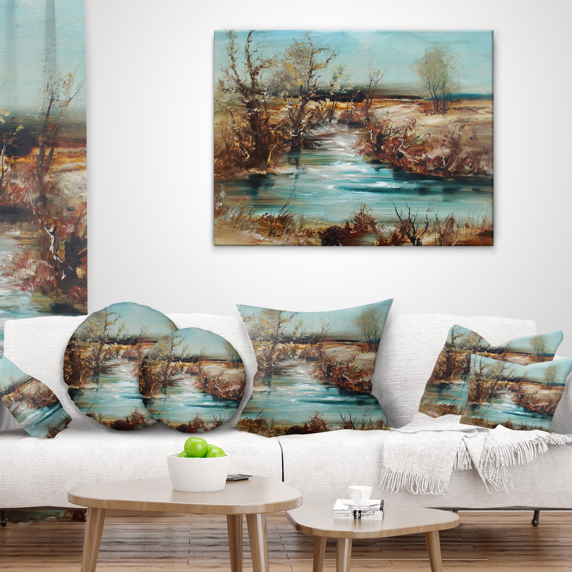 Designart Trees and Creek Oil Painting - Landscape Painting Throw Pillow - 12x20