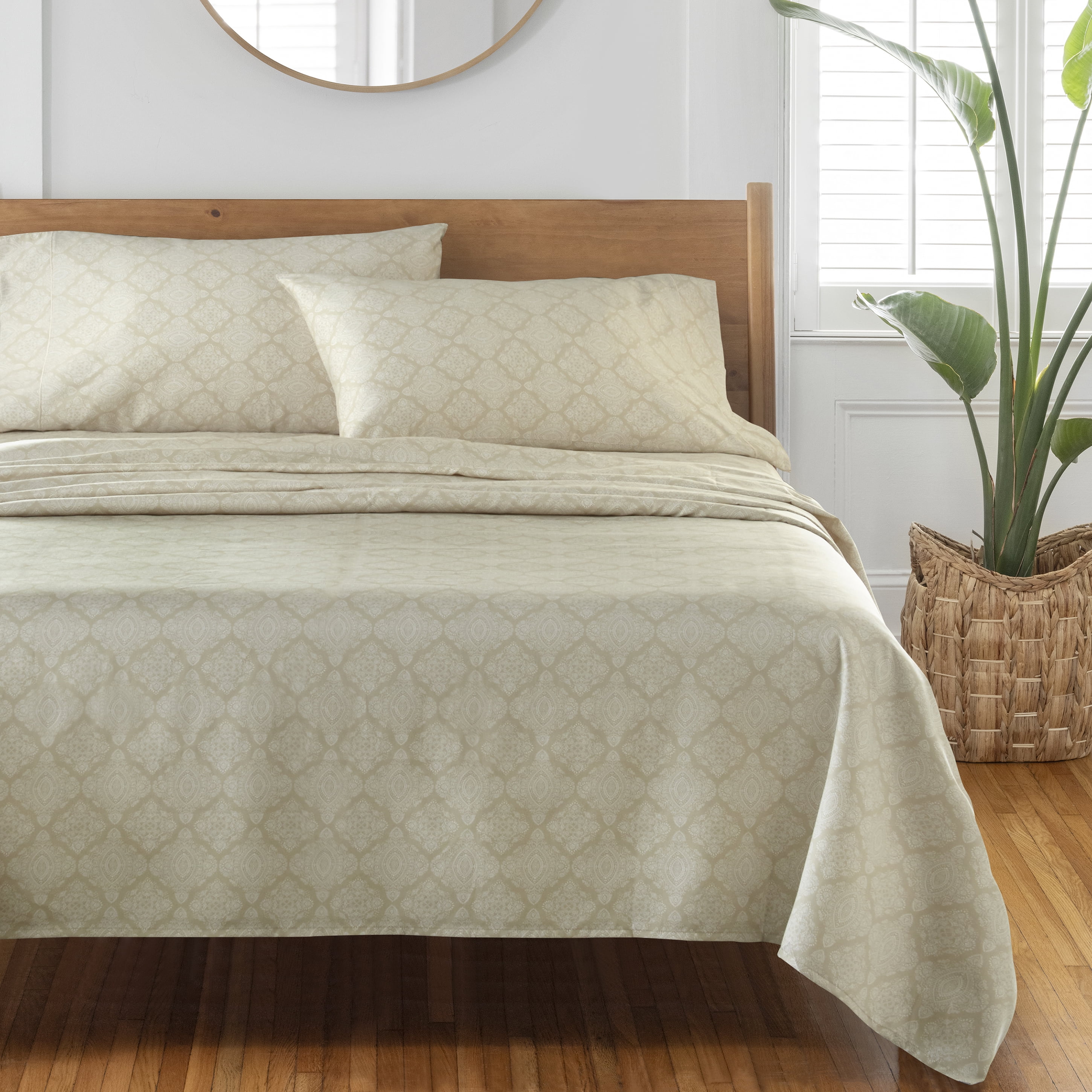Better Homes & Gardens 3-Piece 400 Thread Count Ogee Print Almond Biscuit Performance Bed Sheet Set, Twin