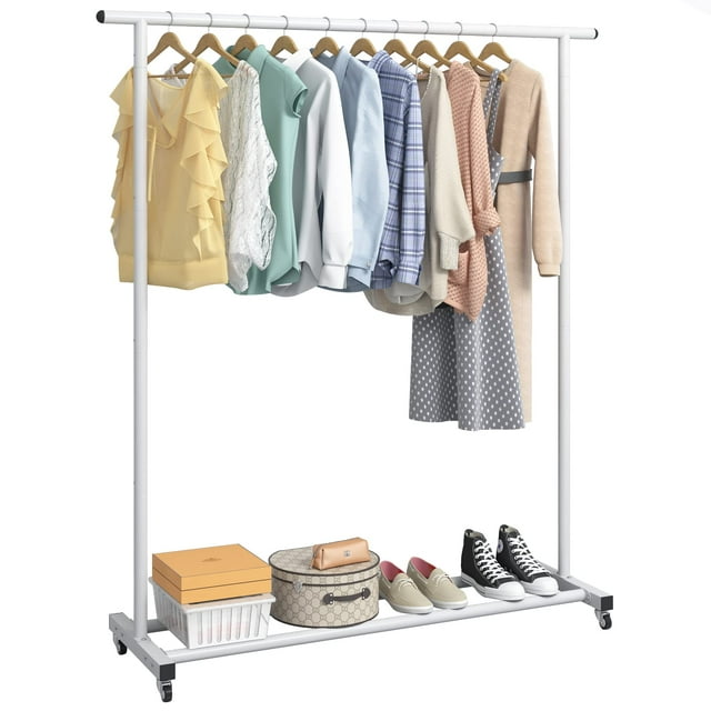 Buzowruil Perchero para Ropa, Varilla estándar, Estante para Ropa de Metal con Ruedas Simple, Organizador, Percha Independiente con Ruedas,Blanco