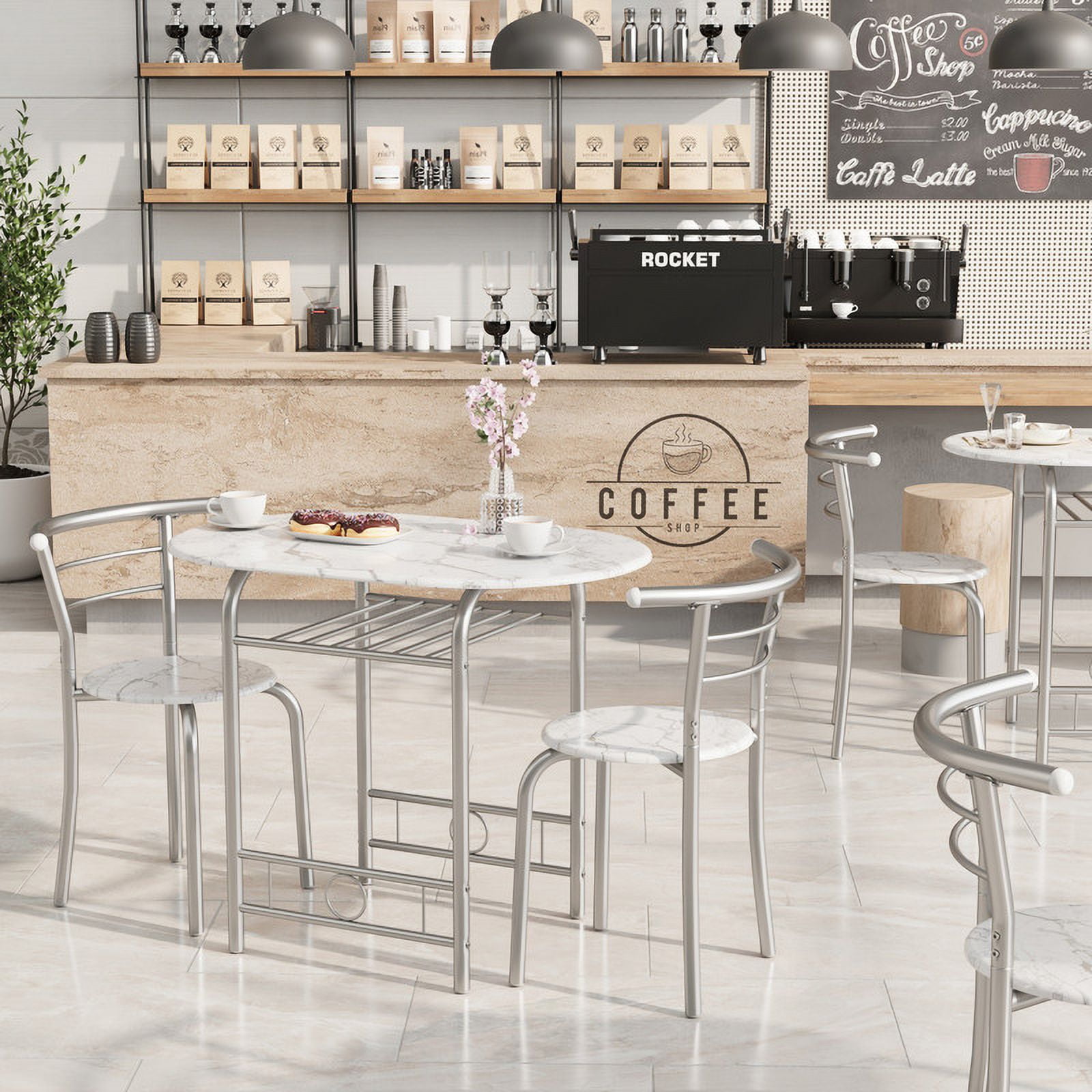 Lacoo 3-Piece Small Dining set, Table and Chair Set for 2 ,for Living Room, Dining Room, Kitchen, Marble & Sliver