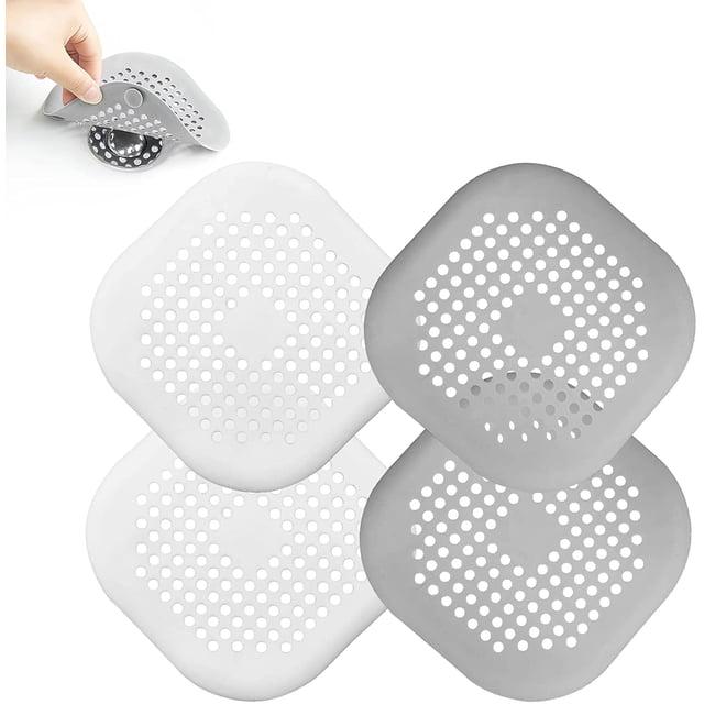 4 piezas de tapas de desagüe tapón de pelo para desagüe de ducha tapón de bañera protectores de desagüe para el hogar con ventosa tapa de fregadero para baño bañera y cocina (2 grises + 2 blancos) vhermosa dlm686 cubierta cuadrada 14.5 x 14.5 cm en caucho termoplástico; cuatro tapas perforadas (2 grises, 2 blancas) con orificios circulares y ventosas desmontables, una esquina levantada muestra flexibilidad; apta para retener pelo y residuos en lavabo, ducha o bañera.