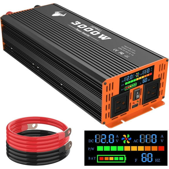 3000 Watt Power Inverter, Car/Outdoor 12V DC to 110V AC Converter, with LED Display, Dual AC Outlets, USB Port, Dual Smart Fans, Cables Included, Suitable for RV,Truck Off-Grid Solar Power Inverter